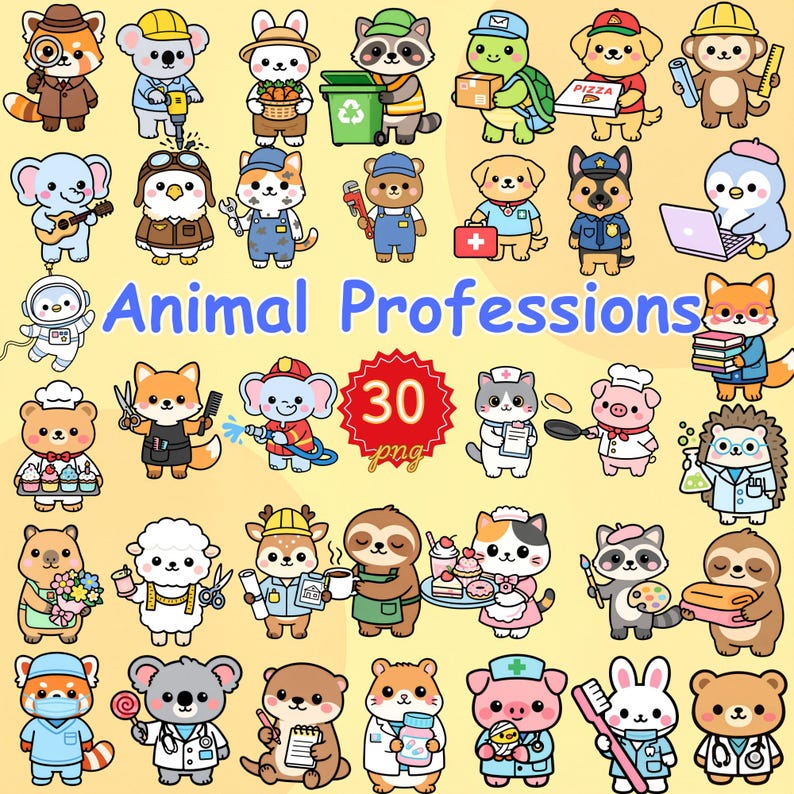 Professions Animals Kawaii Animal Professions Clipart Bundle | 4 Career Themes Job 2D ...