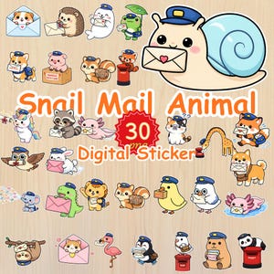 Puede incluir: Un conjunto de 30 pegatinas digitales que representan animales como carteros. Las pegatinas muestran un caracol, un perro, un gato y otras criaturas, cada una con un sobre o paquete. Se muestra el texto "Snail Mail Animal".