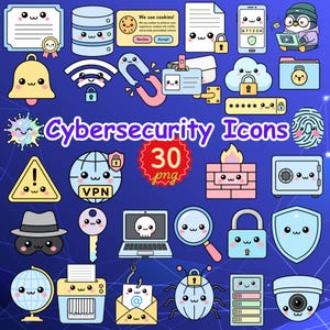 Kawaii Cybersecurity Icons Clipart PNG Bundle Digital Download