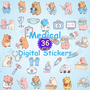 Puede incluir: Una colección de 36 pegatinas digitales con capibaras de dibujos animados en entornos médicos. Las pegatinas incluyen capibaras vestidos como médicos y enfermeras, con equipos médicos como jeringas, estetoscopios y termómetros. Se incluye el texto "Medical" y "Digital Stickers".