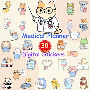 May include: A set of 30 digital stickers with a medical theme. The stickers depict adorable animal characters in medical roles, alongside medical equipment. Text includes "Medical Planner" and "Digital Stickers".