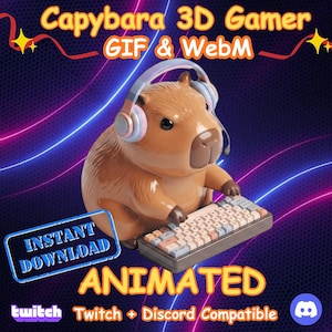 Animiertes 3D Gamer Capybara Emote, Glossy Hype Stream Alarm für Twitch und Discord