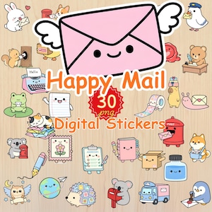 May include: A collection of 30 digital stickers with a mail theme. The stickers include a pink envelope with wings, animals, mailboxes, and stationery. The words "Happy Mail" and "Digital Stickers" are displayed.