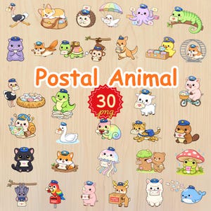May include: A collection of 30 cartoon images of postal animals, including an ostrich, corgi, hedgehog, octopus, and lizard, all wearing postal hats and carrying mail. The words "Postal Animal" are displayed in orange text.