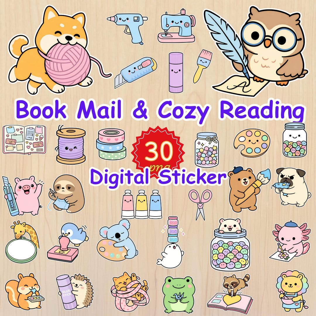 Kawaii Book Mail & Cozy Reading Digital Stickers, Pre-cropped PNG for ...