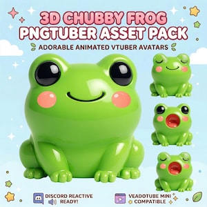 May include: A 3D rendering of a green frog with large black eyes and pink cheeks. The image includes the text "3D CHUBBY FROG PNGTUBER ASSET PACK" and "ADORABLE ANIMATED VTUBER AVATARS". Additional frog avatars are shown.