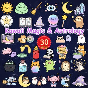 Pode incluir: Uma coleção de 30 imagens PNG com o tema Kawaii Magic & Astrology. Inclui um sol sorridente, uma cobra verde, uma vassoura de bruxa, uma bola de cristal, uma lua crescente, uma estrela, um livro, um chapéu de bruxa e vários animais fofos.