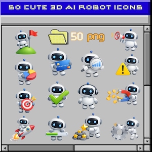May include: A collection of 3D AI robot icons in a variety of poses, holding objects like a flag, credit card, and megaphone. The robots are white with black eyes and blue accents. The image includes the text "SO CUTE 3D AI ROBOT ICONS" and "50 png".