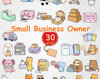 Puede incluir: Una colección de 30 imágenes PNG con ilustraciones de dibujos animados sobre el tema de los pequeños negocios. Las imágenes incluyen un cerdo con un letrero de "SALE!", una cámara, un panda con pilas de papel y un koala sosteniendo un letrero de "THANK YOU".
