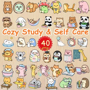 May include: A collection of 40 PNG images featuring cute cartoon animals in various poses. The images include a bear, squirrel, panda, owl, and more, with the text "Cozy Study & Self Care".
