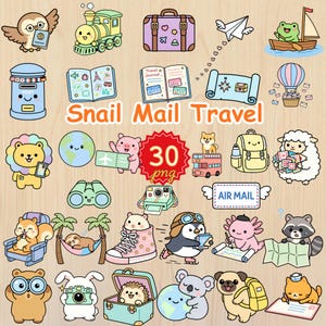 Kawaii vintage airmail mailbox and typewriter travel itinerary stickers for goodnotes digital planner png
