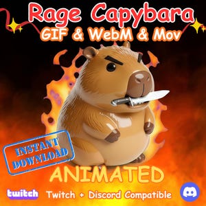 May include: Animated image of a cartoon capybara with an angry expression, holding a knife in its mouth. The text "Rage Capybara" is at the top, with "GIF & WebM & Mov" below it. "Instant Download" and "Animated" are also displayed.