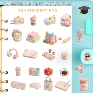 May include: A collection of 3D clay lifestyle objects, including a TV, bubble tea, a bathtub with a rubber duck, a backpack, a face mask, books, a house with solar panels, a microphone, headphones, a notebook, a keyboard, a candle, a succulent, a coffee cup, a timer, a plant, a gaming console, an eye mask, a tote bag, a drawing tablet, a spinner, and a pill bottle. The text "25 CUTE 3D CLAY LIFESTYLE" and "TRANSPARENT PNG" are visible.