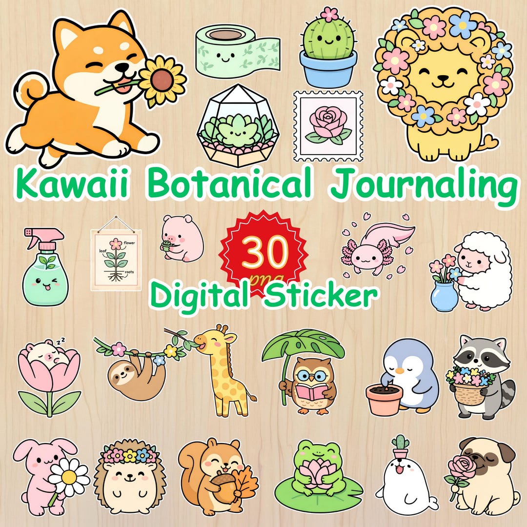 Kawaii Botanical Digital Stickers, Cozy Floral Pre-cropped PNG for ...