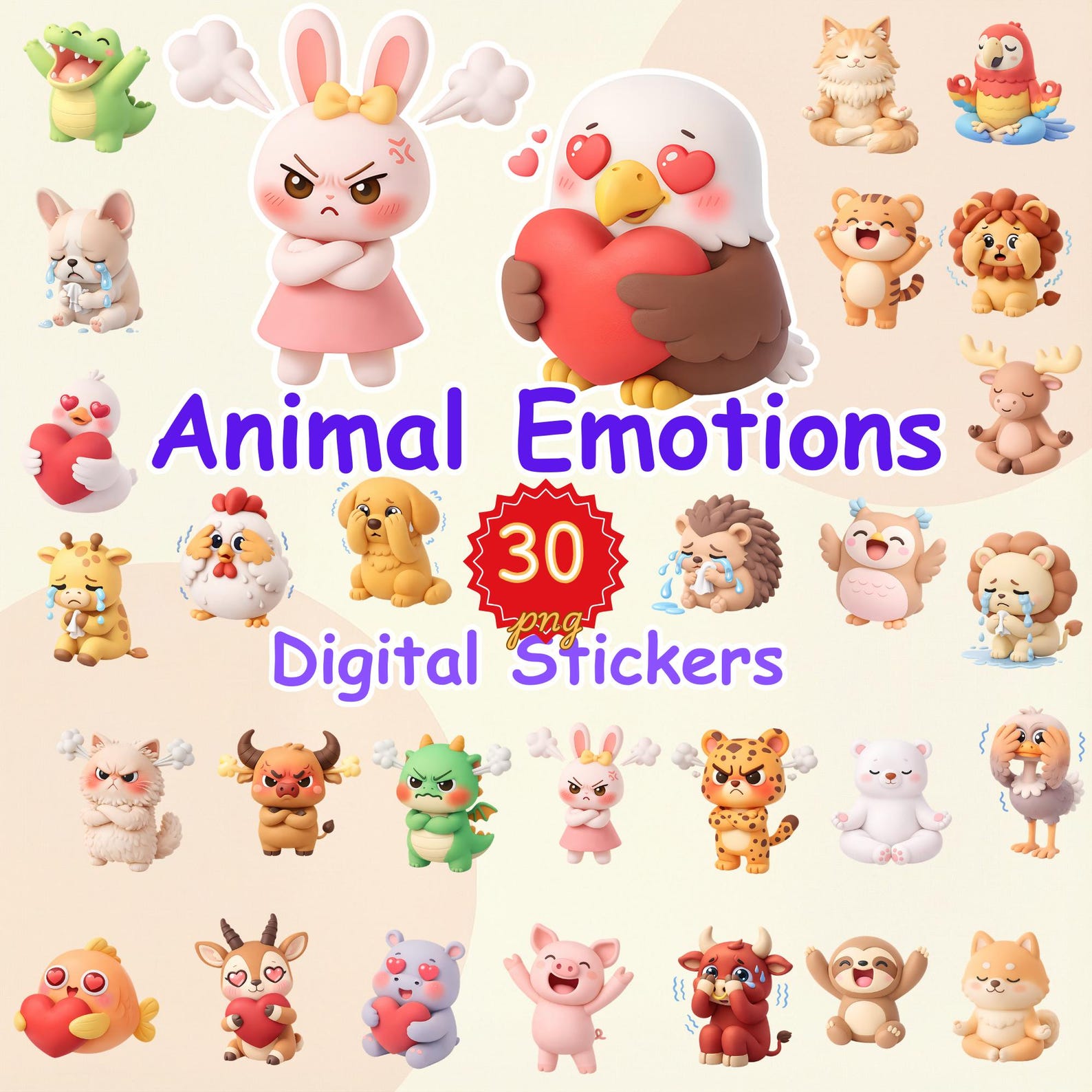 3D Cute Animal Emotions Stickers: Mood Tracker, Feelings Face PNG ...