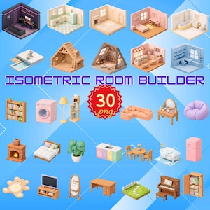 Isometriskt rum Clipart-paket: 3D-inredningsresurser för spelutveckling och streamingöverlägg