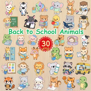Puede incluir: Ilustraciones de 30 animales de dibujos animados con útiles escolares. El texto "Back to School Animals" está en verde. Los animales, como un conejo, una cebra y un oso, tienen un estilo colorido y juguetón, ideal para el aprendizaje.