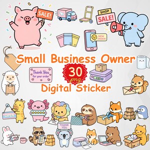 May include: A collection of 30 digital stickers with a small business theme. The stickers feature various cartoon animals, including a pig, elephant, sheep, squirrel, and others, with elements like sale signs, delivery trucks, and thank you notes. The text "Small Business Owner" and "Digital Sticker" are also included.