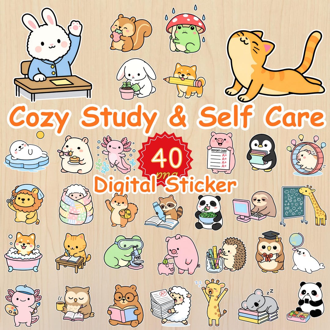 Cozy Study Animal Digital Stickers, Kawaii Self Care PNG for Goodnotes ...