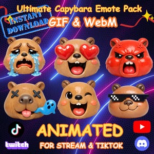 May include: A promotional image for an Ultimate Capybara Emote Pack. The image features six animated capybara emotes with various expressions, including crying, heart eyes, and angry faces. Text includes "INSTANT DOWNLOAD" and "ANIMATED FOR STREAM & TIKTOK."