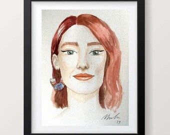 Redhead gift, Redhead girl, Wall art portrait, Watercolor Portrait, Portrait Drawing, Redhead art, Gift, Fashion illustration, Home decor