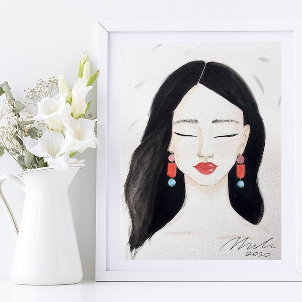 Original Watercolor Woman Portrait, Fashion Illustration Art