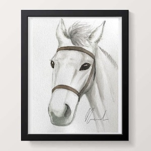 Portrait de cheval blanc, peinture de cheval, peinture à l'aquarelle, art équestre, décoration cheval, décoration d'intérieur, peinture animalière, portrait animalier à l'aquarelle,
