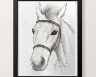 White Horse Portrait Painting, Watercolor Horse Wall Art, Equestrian Decor Gift