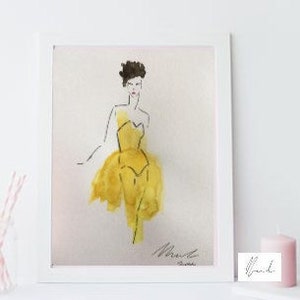 オリジナルファッション絵画、寮の部屋の壁アート、ファッションイラスト、黄色の壁アート、大学寮の装飾、ファッションプリント、ファッション壁アート