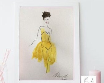 ORIGINAL Fashion Painting, Dorm Room Wall Art, Fashion Illustration, Yellow Wall Art, College Dorm Decor, Fashion Print, Fashion Wall Art