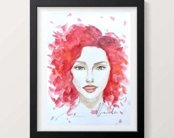 Redhead gift, Woman portrait, Decor,Portrait painting, Wall art portrait, Watercolor Portrait, Redhead art, Fashion illustration, Home decor