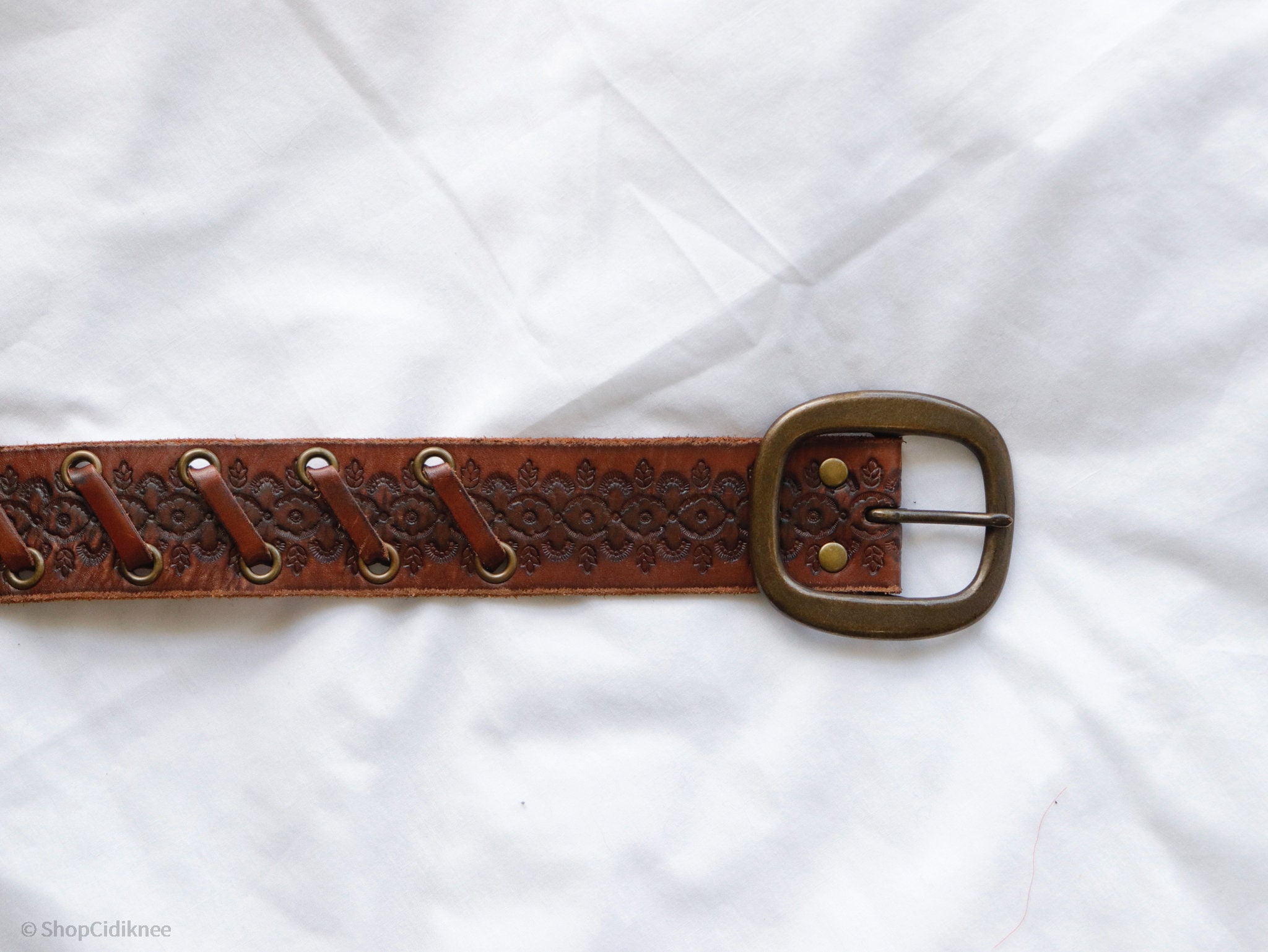 Brown Leather Belt Stamped Pattern flower belt floral | Etsy