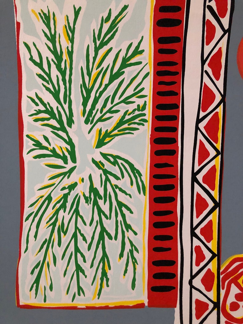 Pu&ograve; includere: Un dipinto astratto colorato con un motivo di foglie verdi, motivi geometrici rossi e neri e uno sfondo bianco.