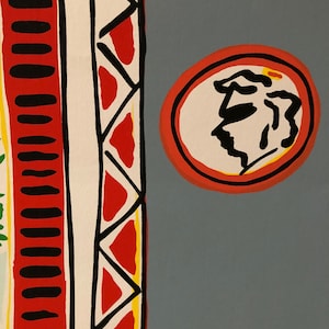 Pu&ograve; includere: Un muro con un motivo rosso e bianco con un design geometrico bianco e nero. Un cerchio rosso con un contorno nero contiene una silhouette nera di una testa di persona con un'evidenziazione gialla sui capelli.