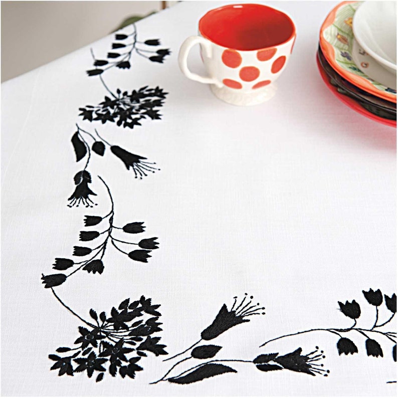 Rico Design Complete Embroidery Kit Black Flowers Tablecloth Etsy