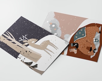 Instant download 5 different Christmas cards with FOREST ANIMALS