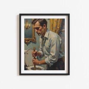 Gentleman tiefe Toilette Print, Humorvolles Badezimmer Wand Kunst zum Ausdrucken, Lustiges Restoom Dekor, Vintage Ölgemälde Poster (Digitaler Download)