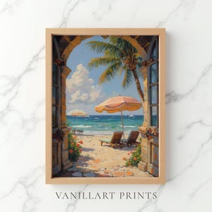 May include: A framed art print featuring a view through an arched stone doorway onto a sandy beach with a palm tree, two lounge chairs, and two beach umbrellas under a blue sky with clouds. The text VANILLART PRINTS is centered below the frame.
