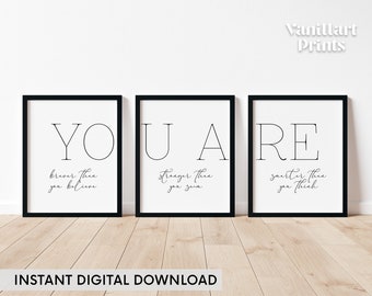 You Are Braver Than You Believe Stronger Than You Seem Smarter Than You Think, Printable Wall Art Set of 3, Motivational Quote Poster Print