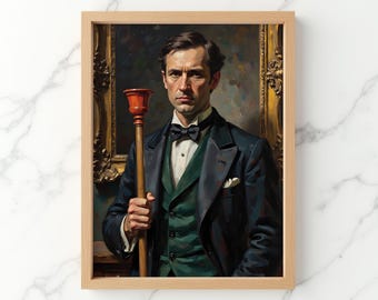 Estampado de caballero renacentista con desatascador, retrato clásico de hombre victoriano, arte mural divertido para el baño (imprimible), decoración original para el baño #06
