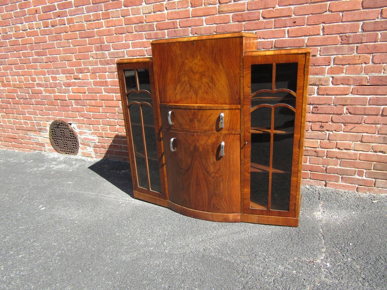 Unusual English Art Deco side by Side Desk Bookcase China Cabinet with Hidden Chair 1920s image 3