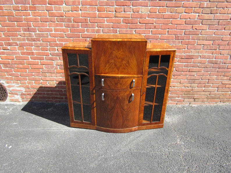 Unusual English Art Deco side by Side Desk Bookcase China Cabinet with Hidden Chair 1920s image 1