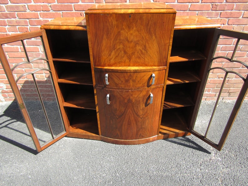 Unusual English Art Deco side by Side Desk Bookcase China Cabinet with Hidden Chair 1920s image 7