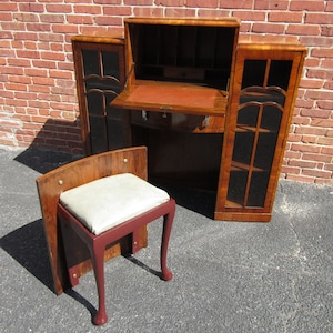 Unusual English Art Deco side by Side Desk Bookcase China Cabinet with Hidden Chair 1920s image 10