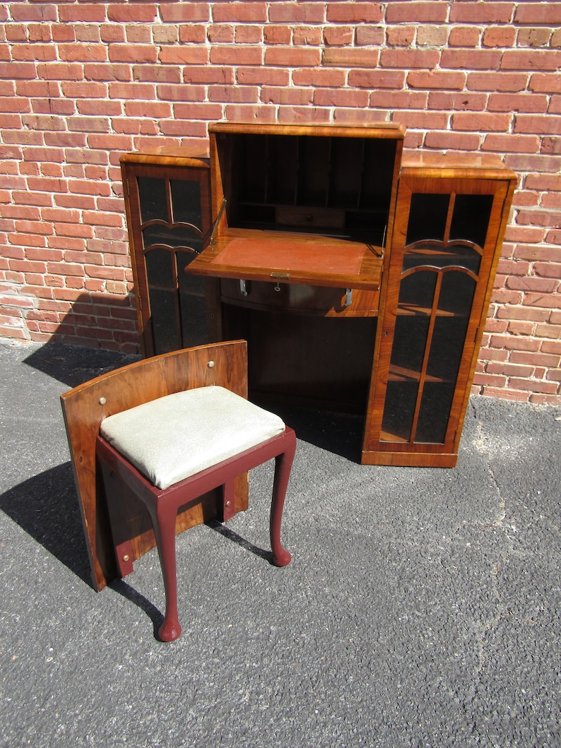 Unusual English Art Deco side by Side Desk Bookcase China Cabinet with Hidden Chair 1920s image 10