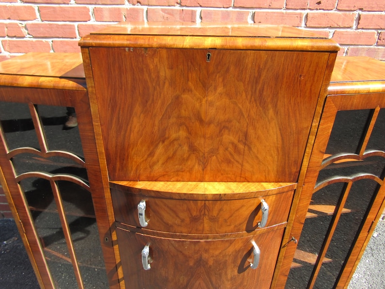 Unusual English Art Deco side by Side Desk Bookcase China Cabinet with Hidden Chair 1920s image 4