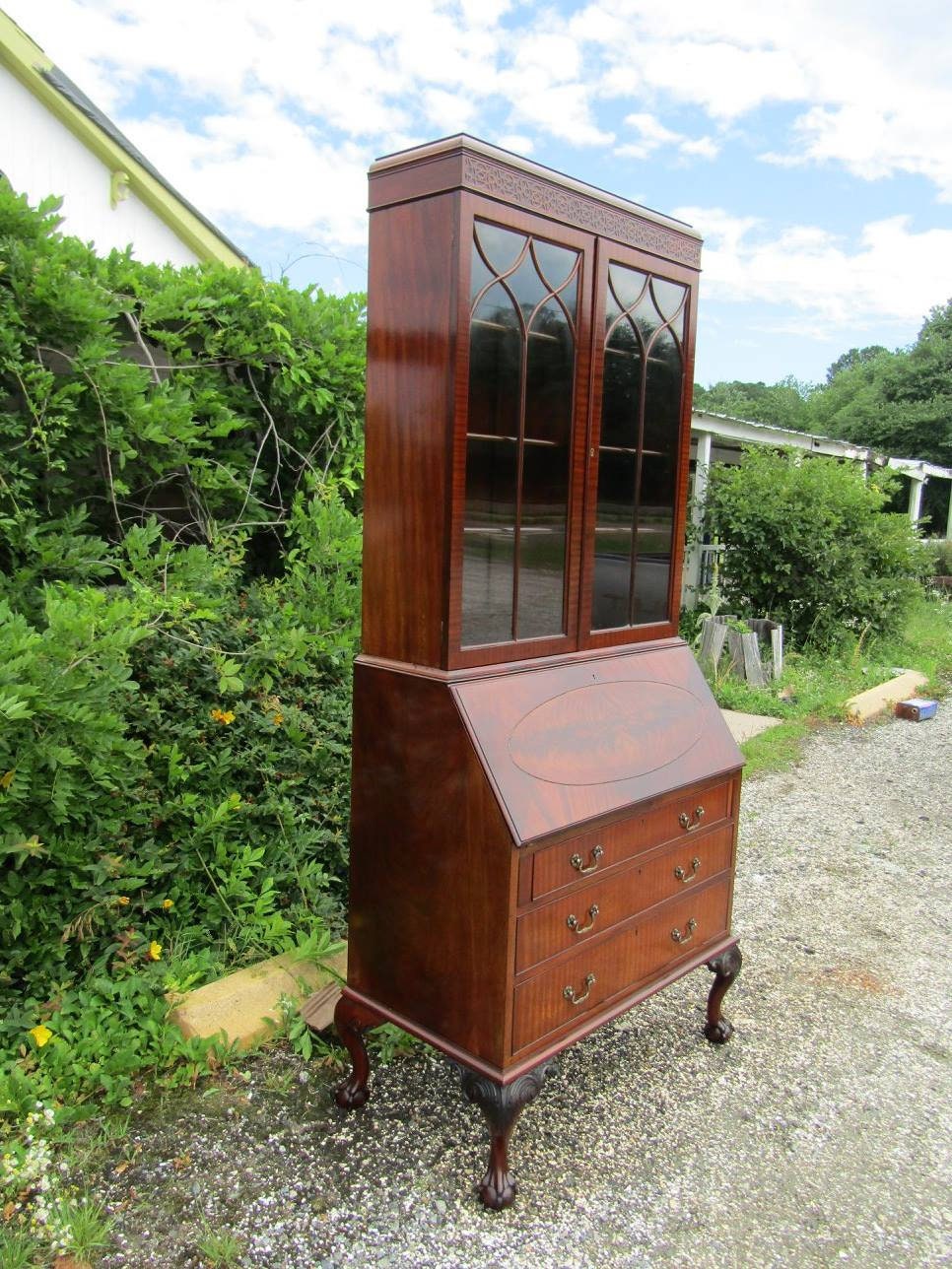 Antique English Secretaire Bureau Bookcase Gothic Astragal Glazed Flame Mahogany Library Cabinet 1900s Etsy Canada