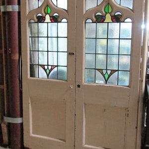 Antique English Victorian Gothic Pine Glass Double Doors