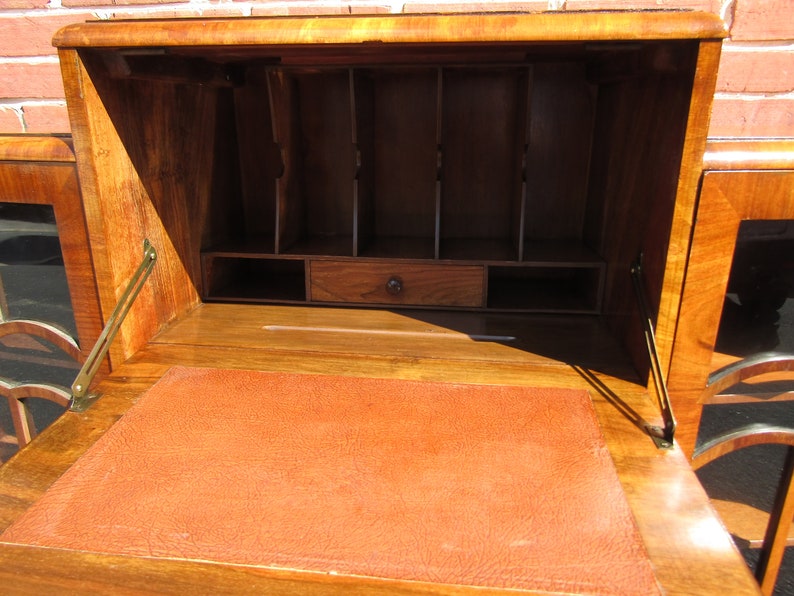 Unusual English Art Deco side by Side Desk Bookcase China Cabinet with Hidden Chair 1920s image 9