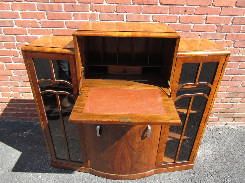 Unusual English Art Deco side by Side Desk Bookcase China Cabinet with Hidden Chair 1920s image 8